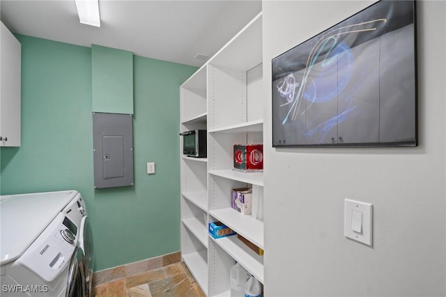 interior space featuring baseboards, washer and dryer, electric panel, open shelves, and stone finish floor