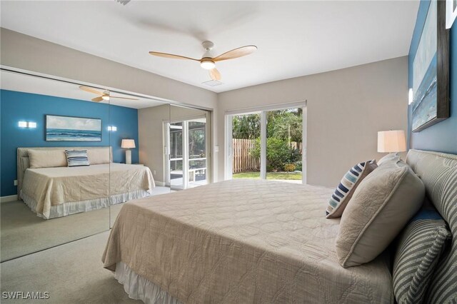 bedroom with ceiling fan, access to outside, and carpet flooring