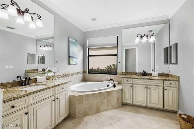 full bathroom featuring a garden tub, crown molding, visible vents, and a sink