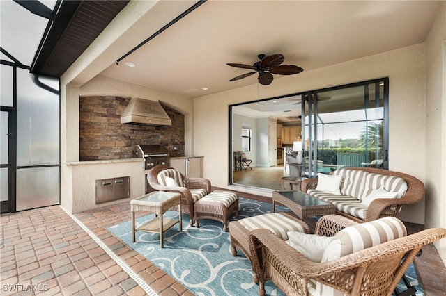 view of patio featuring outdoor lounge area, grilling area, area for grilling, ceiling fan, and a lanai