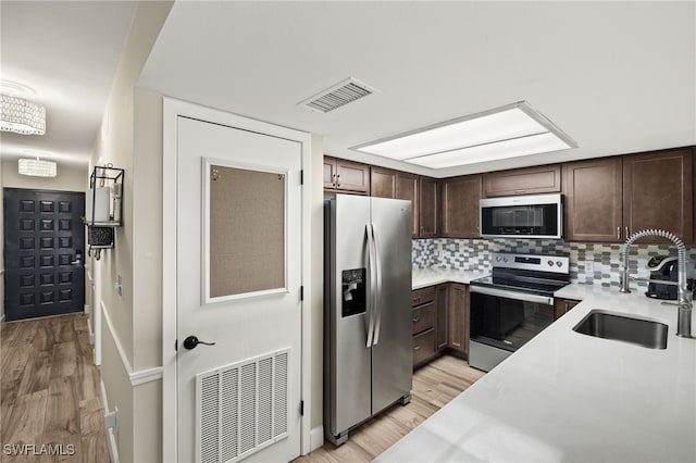 kitchen with dark brown cabinetry, visible vents, stainless steel appliances, and a sink