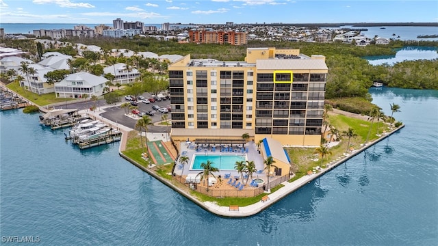 bird's eye view with a water view and a view of city