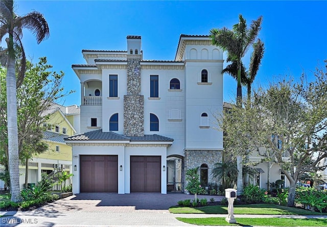 view of front of house with decorative driveway, an attached garage, and stucco siding