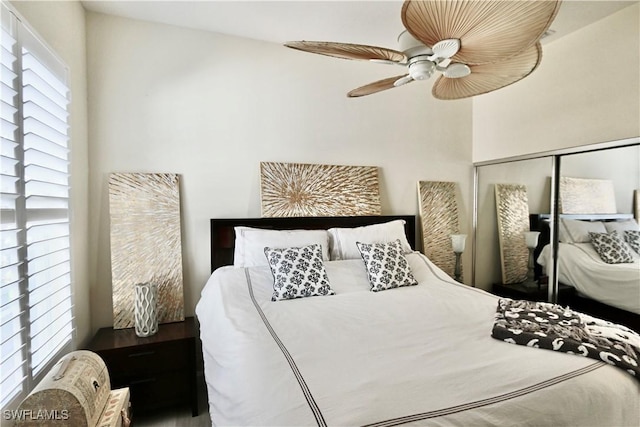 bedroom featuring a ceiling fan and a closet