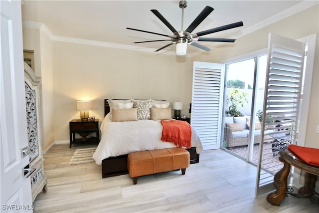 bedroom featuring access to exterior, crown molding, baseboards, and ceiling fan