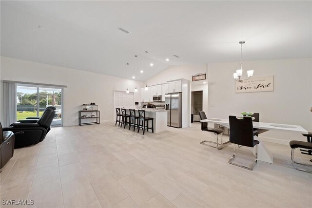 dining room with high vaulted ceiling, recessed lighting, visible vents, and a notable chandelier