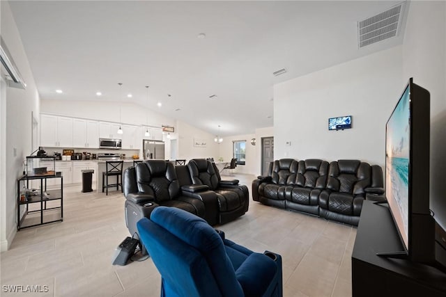 living room with lofted ceiling, visible vents, and recessed lighting