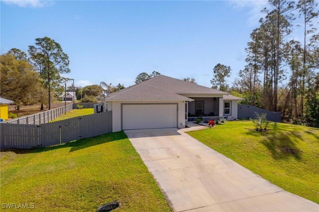 single story home featuring a garage, fence, concrete driveway, and a front yard