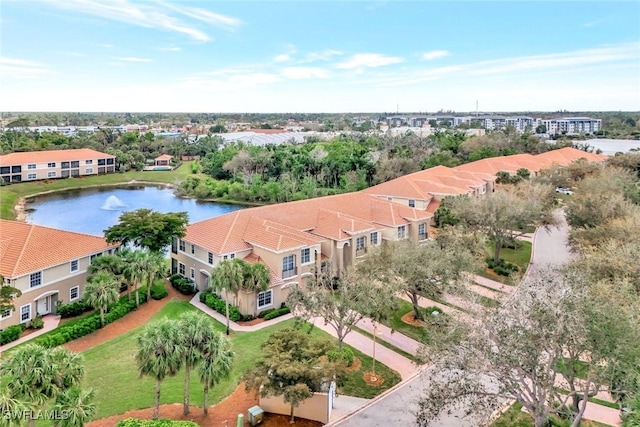 drone / aerial view featuring a water view