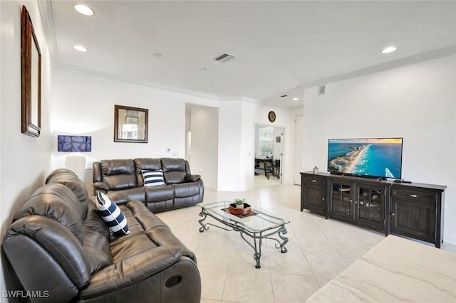 living area with ornamental molding, light tile patterned flooring, visible vents, and recessed lighting