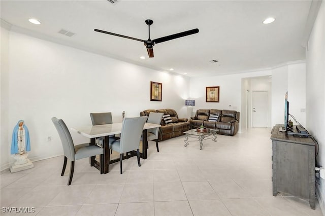 dining space with light tile patterned flooring, ceiling fan, visible vents, and recessed lighting