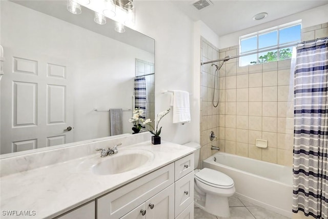 full bathroom featuring shower / bath combo, visible vents, toilet, tile patterned flooring, and vanity