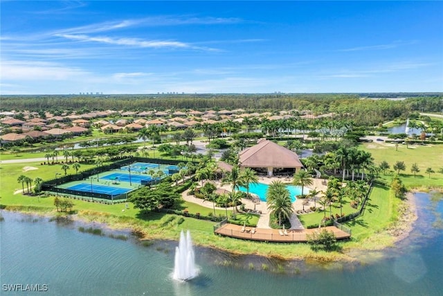 drone / aerial view with a water view