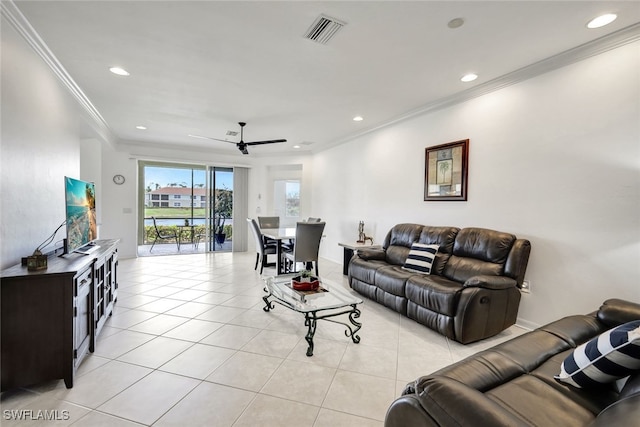 18911 Bay Woods Lake Dr Unit 101, Fort Myers, FL 33908 - living room with recessed lighting, visible vents, ornamental molding, light tile patterned floors, and ceiling fan