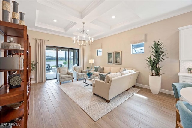 living area with light wood finished floors, baseboards, coffered ceiling, crown molding, and a chandelier