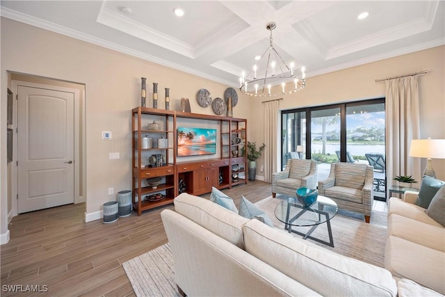 living room with crown molding, a notable chandelier, light wood-style flooring, coffered ceiling, and baseboards