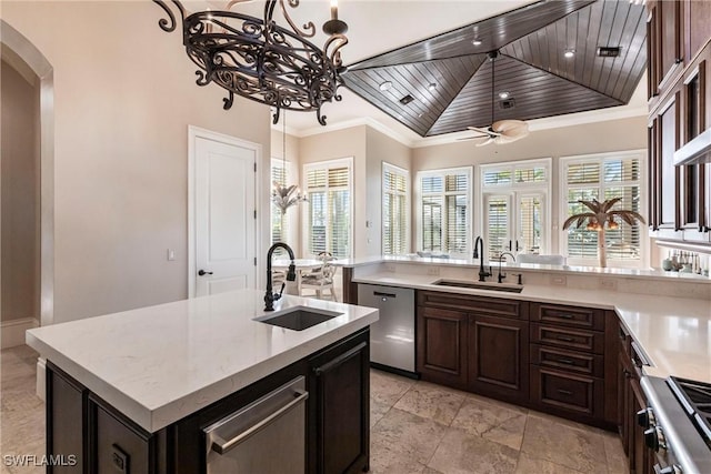 kitchen featuring dishwasher, arched walkways, a sink, and wood ceiling