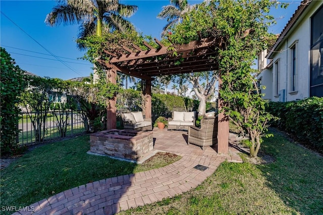 view of yard with an outdoor hangout area, a patio, fence, and a pergola