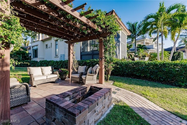 view of patio featuring outdoor lounge area and a pergola