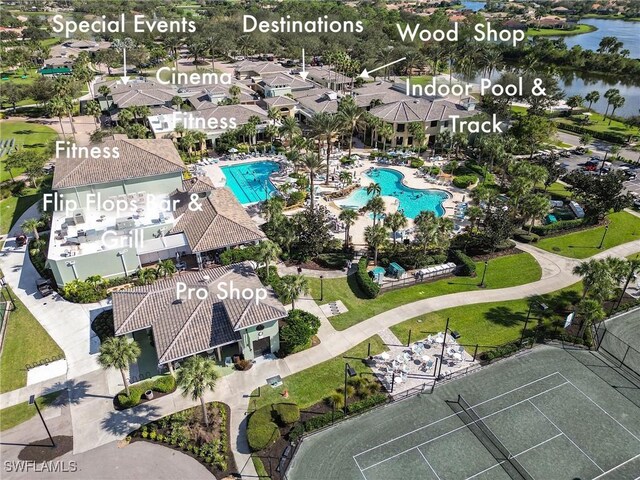 birds eye view of property featuring a water view and a residential view