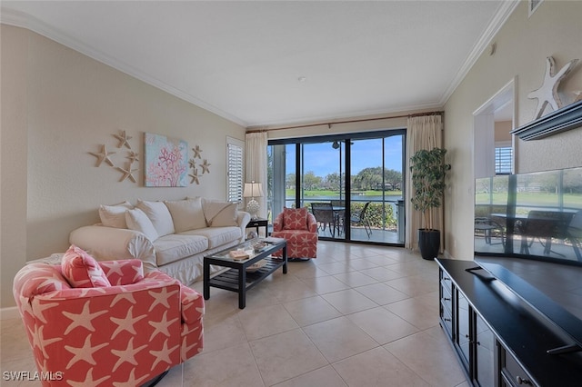 living area featuring ornamental molding and light tile patterned flooring