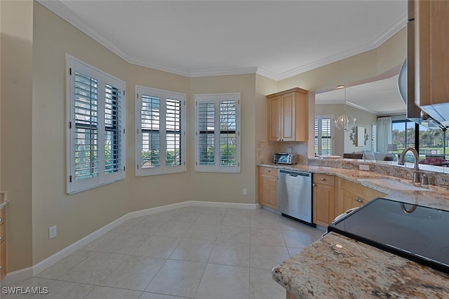 kitchen with a sink, crown molding, dishwasher, and light brown cabinetry