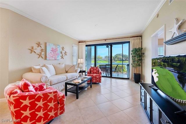 living room featuring crown molding and light tile patterned flooring