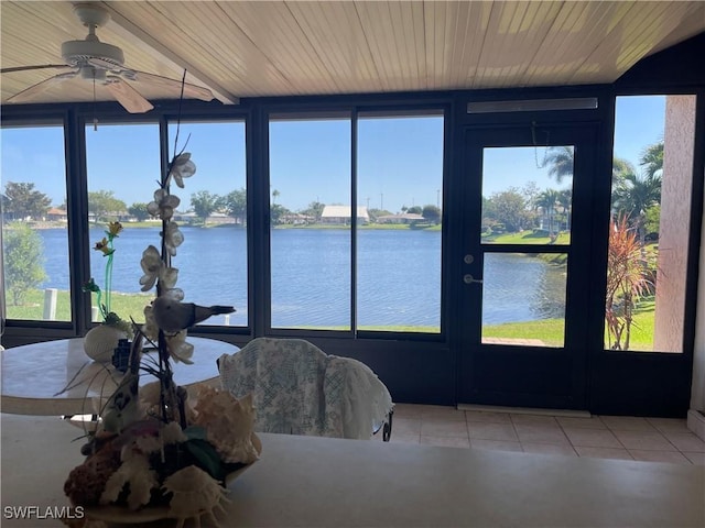 sunroom / solarium with a water view and wooden ceiling