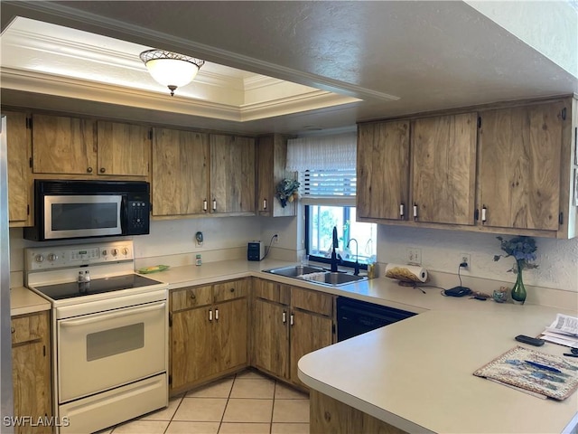 kitchen with black dishwasher, light tile patterned floors, white electric range oven, light countertops, and a sink