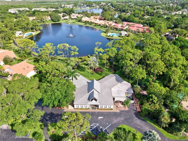 drone / aerial view with a water view