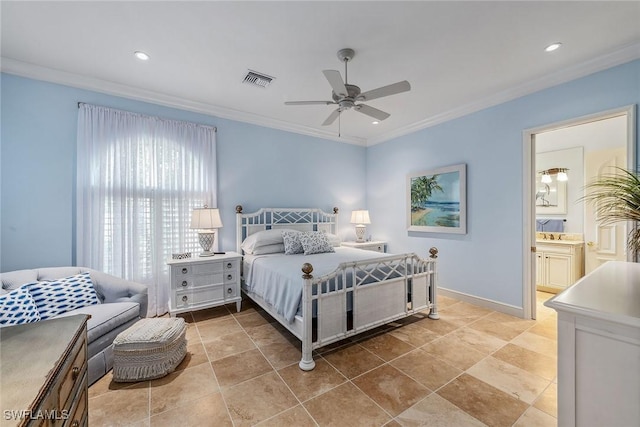 bedroom featuring ornamental molding, recessed lighting, visible vents, and baseboards