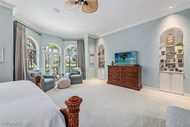 carpeted bedroom with baseboards, ornamental molding, access to exterior, french doors, and recessed lighting