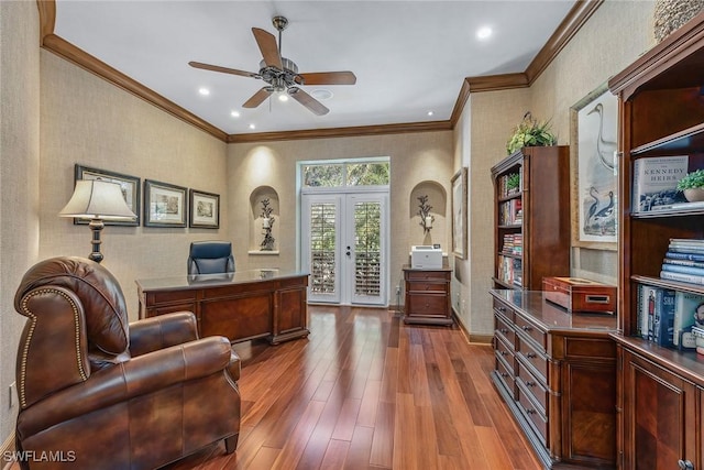 office space with a ceiling fan, wood finished floors, crown molding, french doors, and recessed lighting