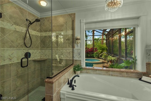 full bath featuring a stall shower, ornamental molding, and a garden tub