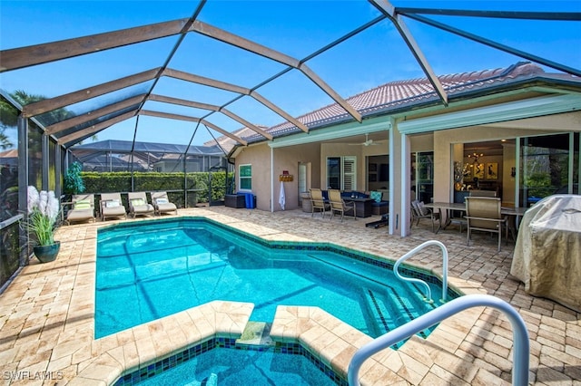 view of swimming pool featuring an outdoor living space, outdoor dining area, a patio area, and a fenced in pool