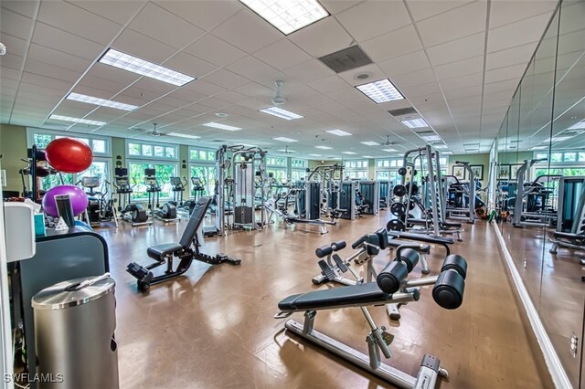 workout area with a paneled ceiling, visible vents, and a ceiling fan