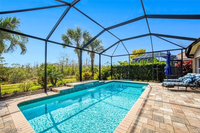 pool with a lanai and a patio area