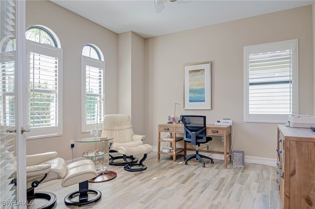 office area featuring light wood-style floors, a wealth of natural light, and baseboards