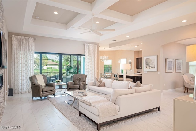 living room with arched walkways, recessed lighting, coffered ceiling, baseboards, and beam ceiling