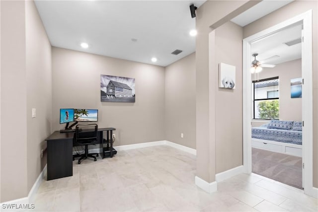 office area featuring a ceiling fan, recessed lighting, visible vents, and baseboards