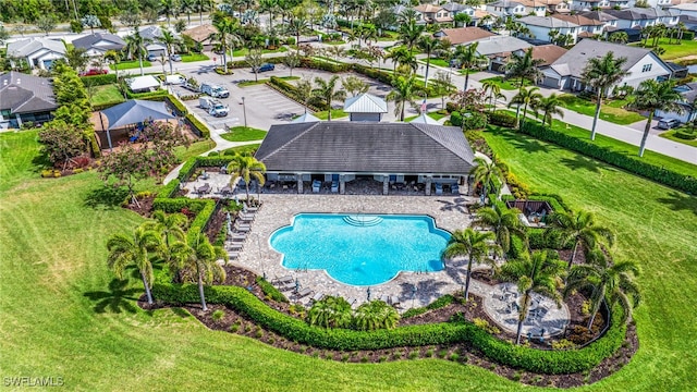 view of pool featuring a residential view, a patio, and a gazebo