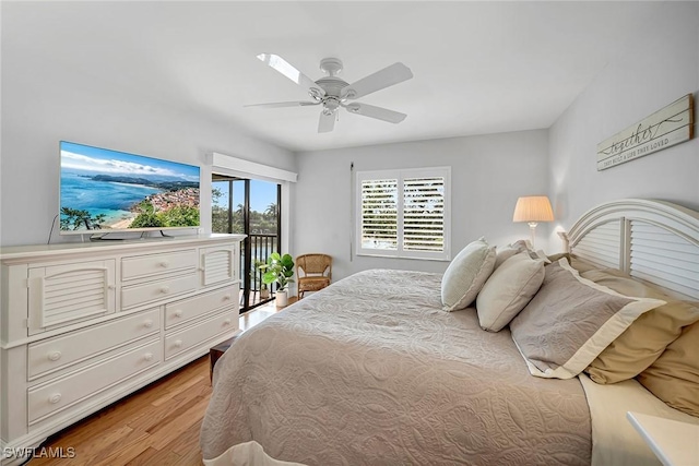 bedroom with light wood-type flooring, a ceiling fan, and access to exterior