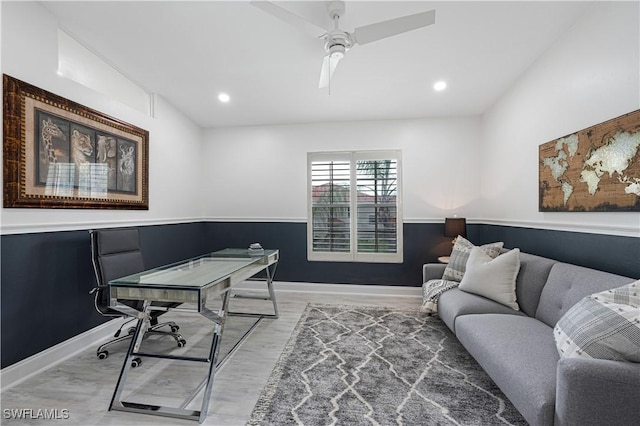 office area with ceiling fan, baseboards, light wood-style flooring, and recessed lighting