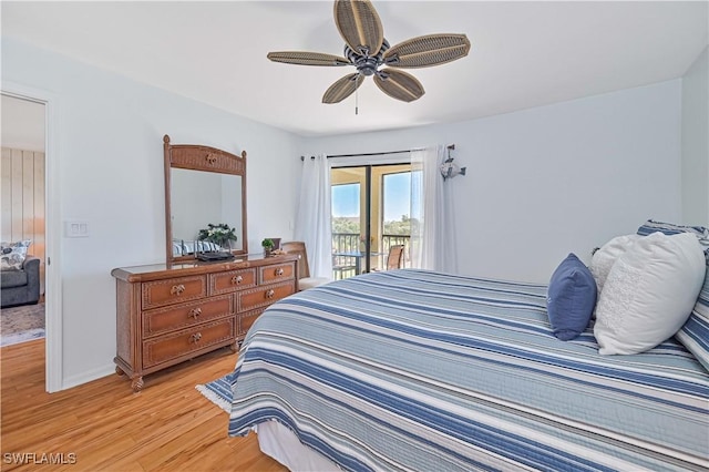 bedroom featuring light wood-style floors, access to outside, ceiling fan, and baseboards