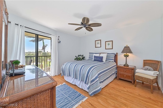 bedroom featuring light wood finished floors, access to outside, and ceiling fan