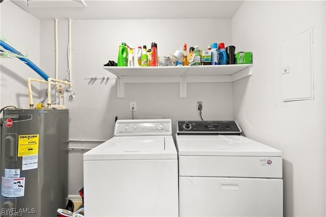 laundry area with laundry area, washing machine and dryer, and electric water heater