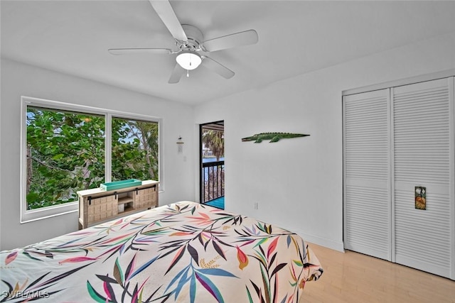 bedroom featuring ceiling fan, a closet, light wood-style flooring, and access to exterior