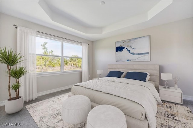 bedroom with carpet, a raised ceiling, and baseboards