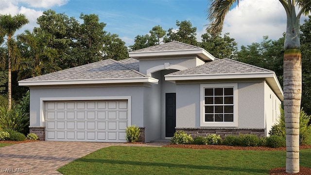 view of front facade featuring decorative driveway, roof with shingles, stucco siding, a garage, and a front lawn