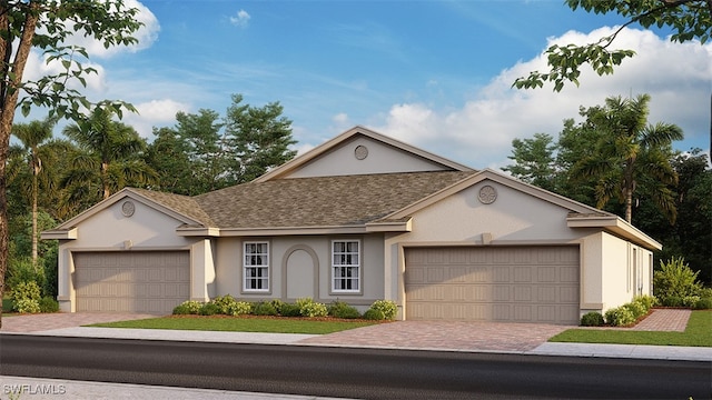 ranch-style home featuring a garage, roof with shingles, decorative driveway, and stucco siding